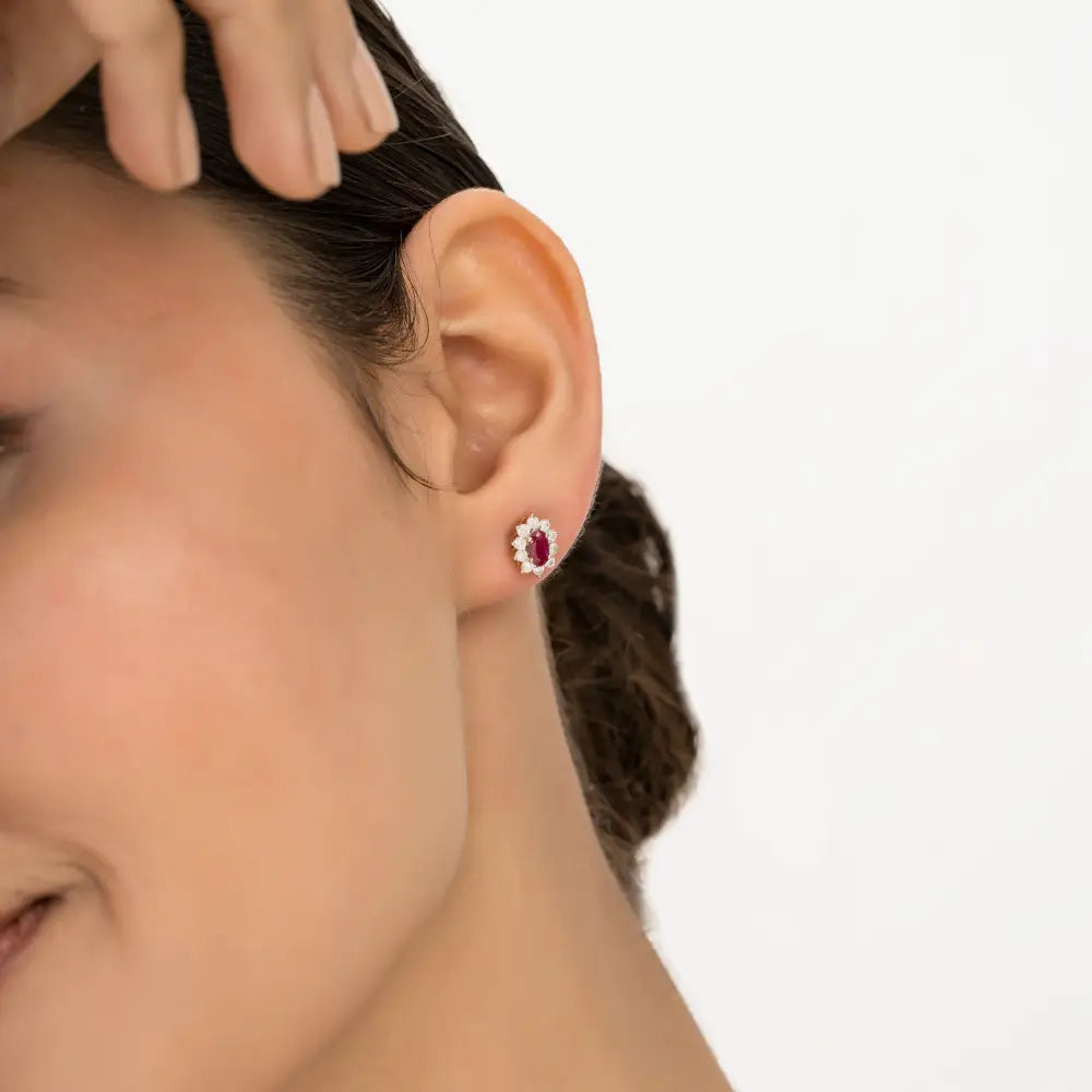 Minimal Real Ruby & Diamond 14K Yellow Gold Cluster Stud Earrings Daily Wear Jewelry