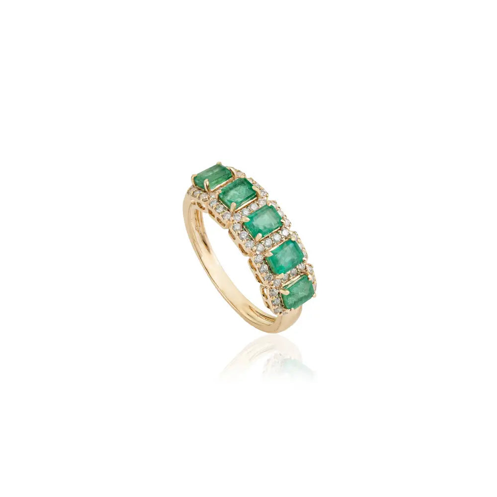 Natural Zambian Emerald & Diamond 14K Real Yellow Gold Halo Half Eternity Band Ring