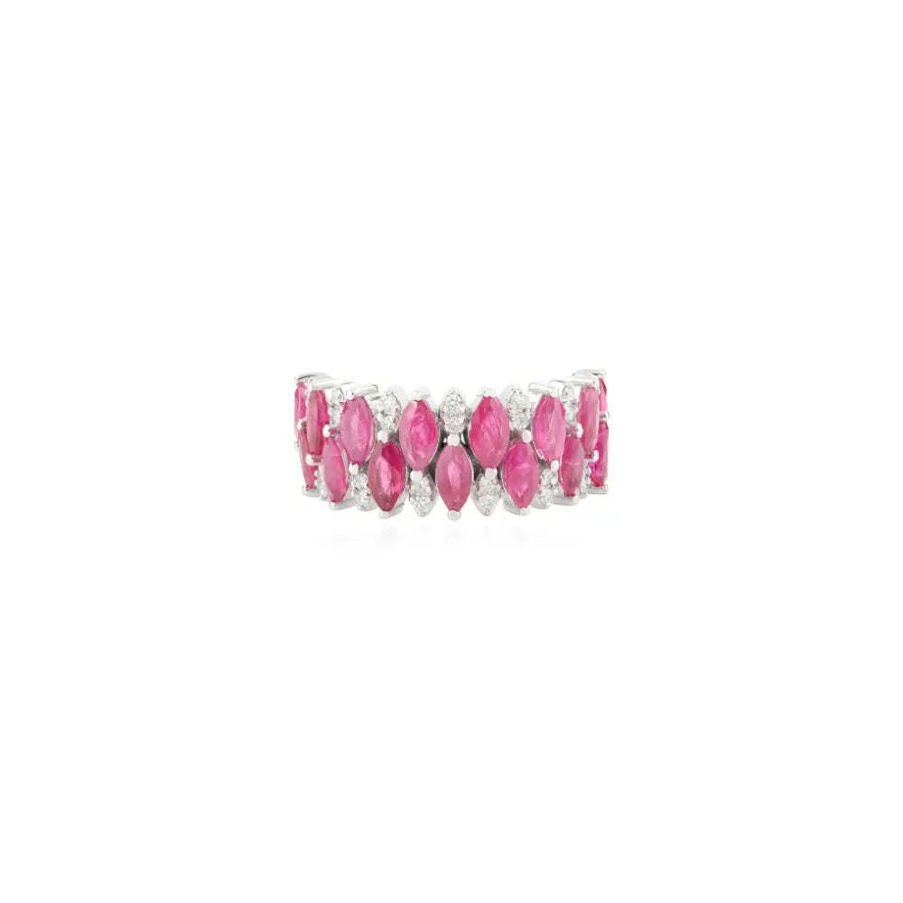 Luxury Genuine Ruby & Diamond Solid 14K White Gold Statement Ring Women Wedding Jewelry