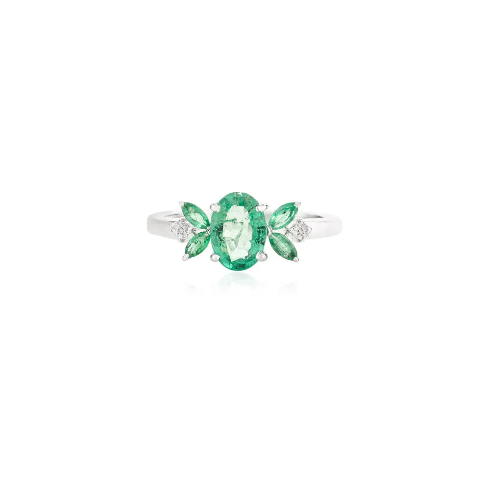 Best Quality Products Natural Emerald & Diamond 14K White Gold Genuine Ring