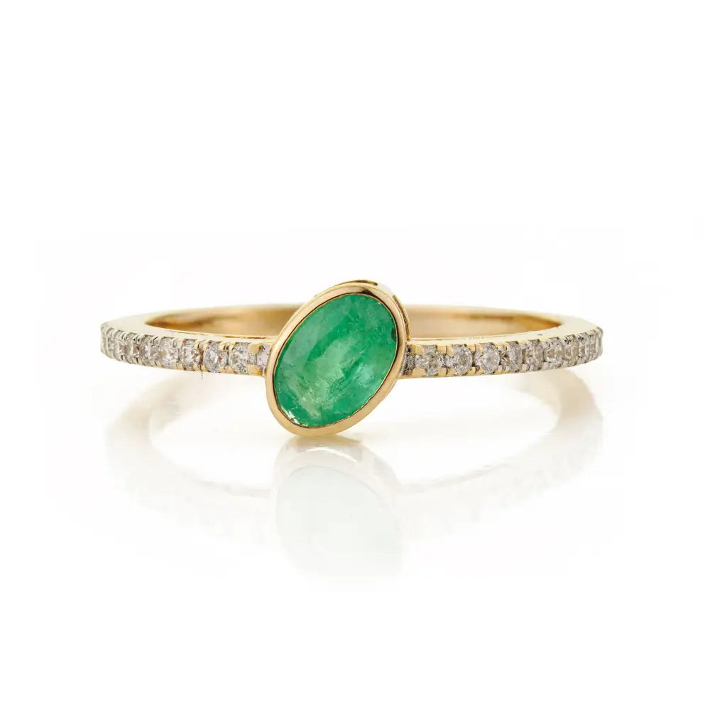 Simple Elegant 14K Real Yellow Gold Emerald & Diamond Stacking Engagement Ring For Unisex