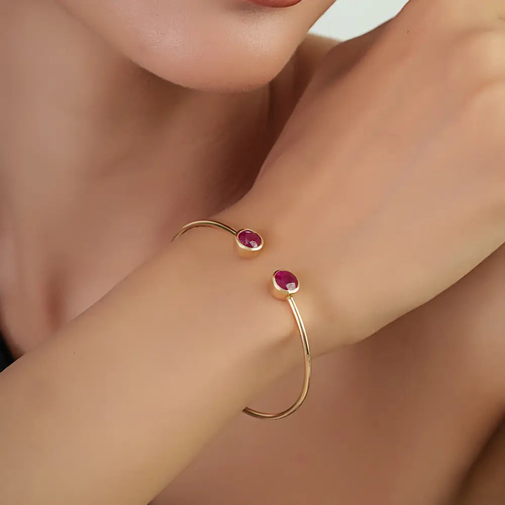 6.5 mm Round Cut Ruby Gemstone Sleek Cuff Bangle Anniversary Gift Solid 14K Yellow Gold
