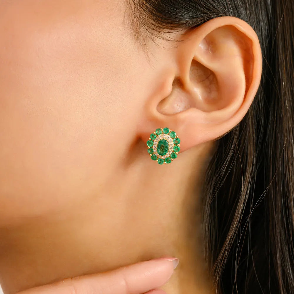 Hot Selling Real K14 Yellow Gold Emerald & Diamond Halo Stud Earrings Custom Gemstone Jewelry