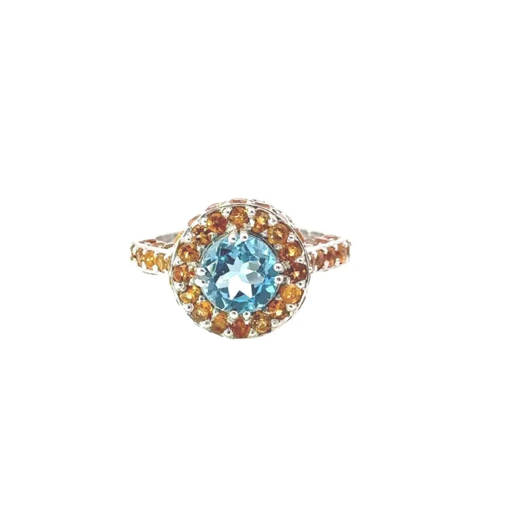 Fine Blue Topaz & Citrine Round Shape Gemstone Ring New Jewelry Collection 925 Sterling Silver