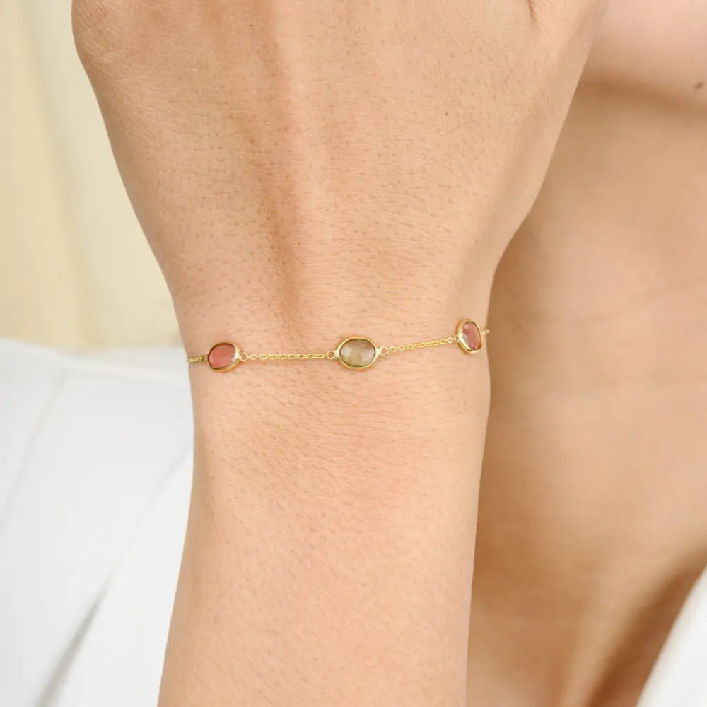 Best Quality Product Multi Tourmaline Uneven Shape 18K Yellow Gold Chain Bracelet