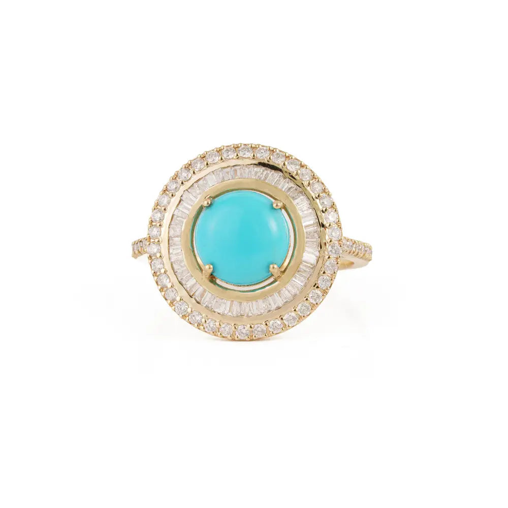 Round Cut Turquoise & Diamond Double Cluster Statement Ring December Birthstone 14K Gold