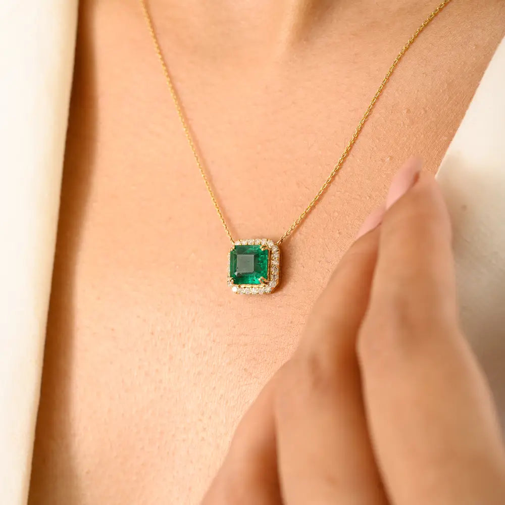 Prong Set Zambian Emerald & Diamond Fine Stacking Halo Pendant Necklace 14K Yellow Gold