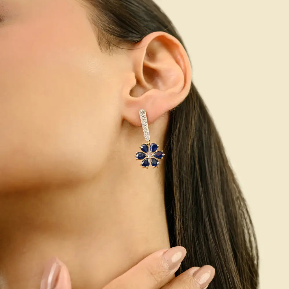 Flower Design Blue Sapphire & Diamond Drop Earrings Designer 18K Yellow Gold Fine Jewelry