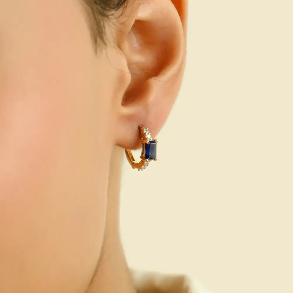 Real K14 Yellow Gold Blue Sapphire & Diamond Minimal Hoop Earrings Handmade Jewelry