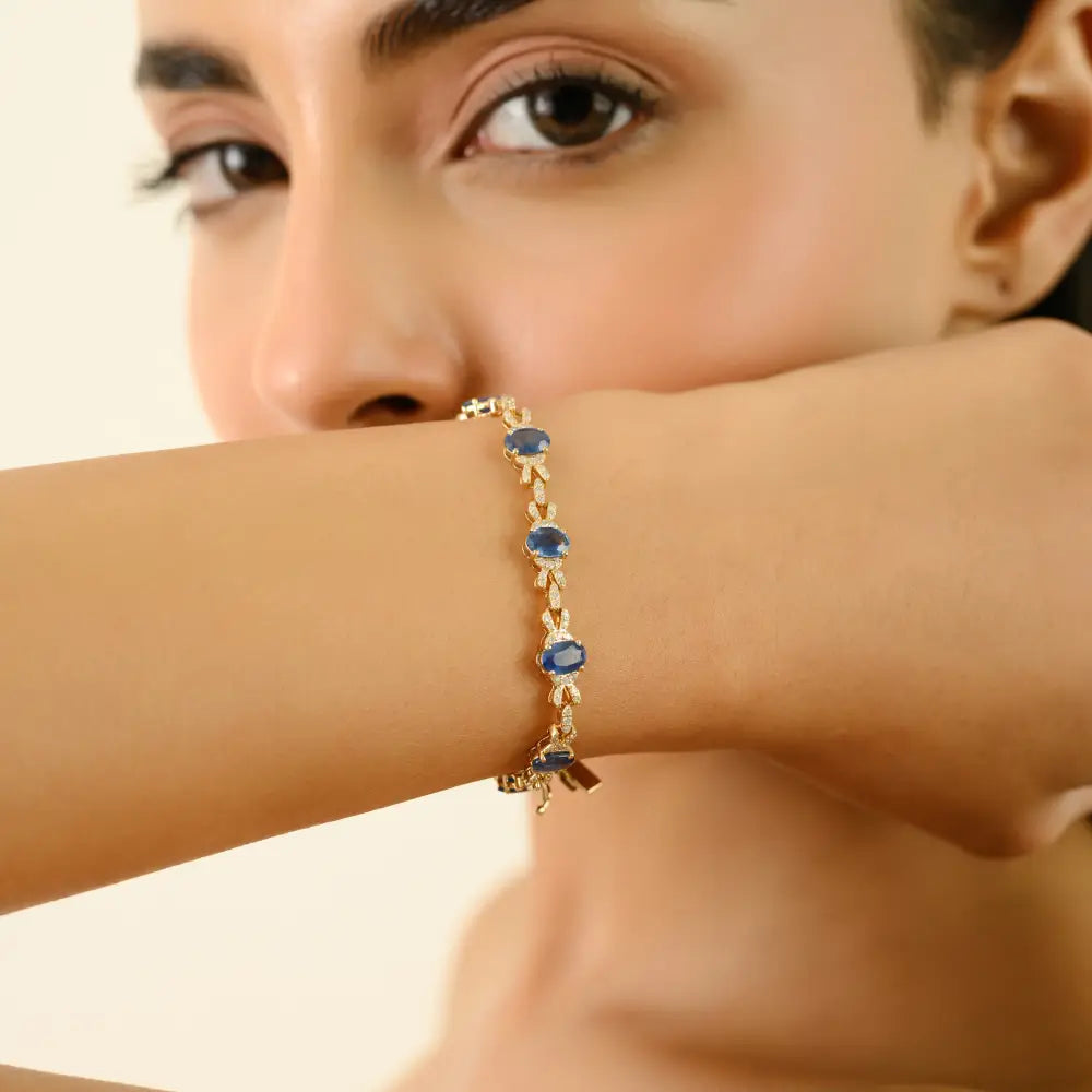 New Designer Blue Sapphire & Diamond 14K Yellow Gold Stackable Bracelet Women Jewelry