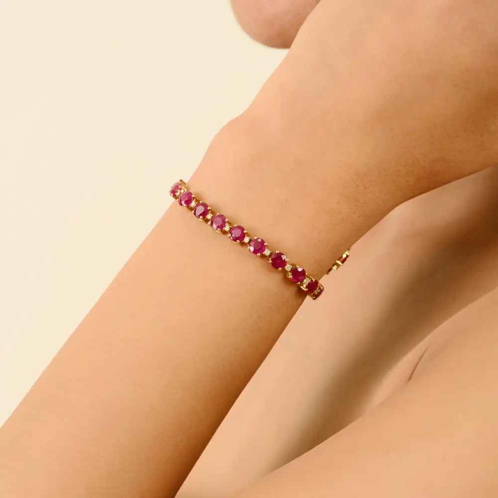 Round Cut Ruby & Diamond July Birthstone Tennis Bracelet For Christmas Gift 18K Gold