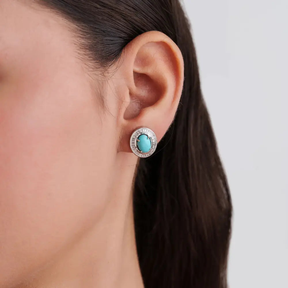 Best Selling 9x6mm Oval Cut Turquoise & Diamond Halo Stud Earrings 14K White Gold Jewelry