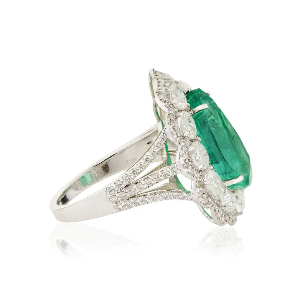 Luxurious 18K White Gold 5 Ct. Zambian Emerald & Diamond Triple Shank Cluster Ring Wedding