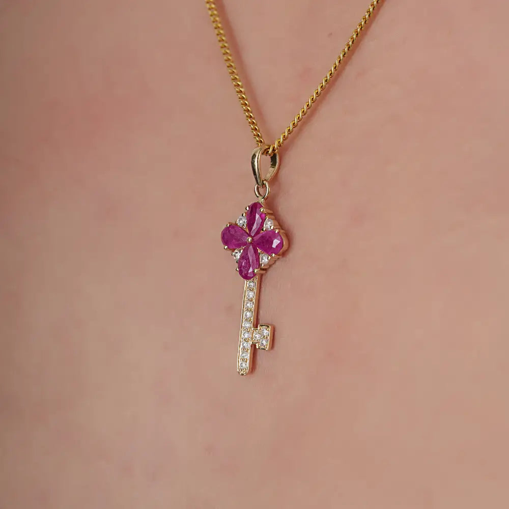 Unique Design 14K Yellow Gold Genuine Ruby & Diamond Key Pendant Customized Jewelry