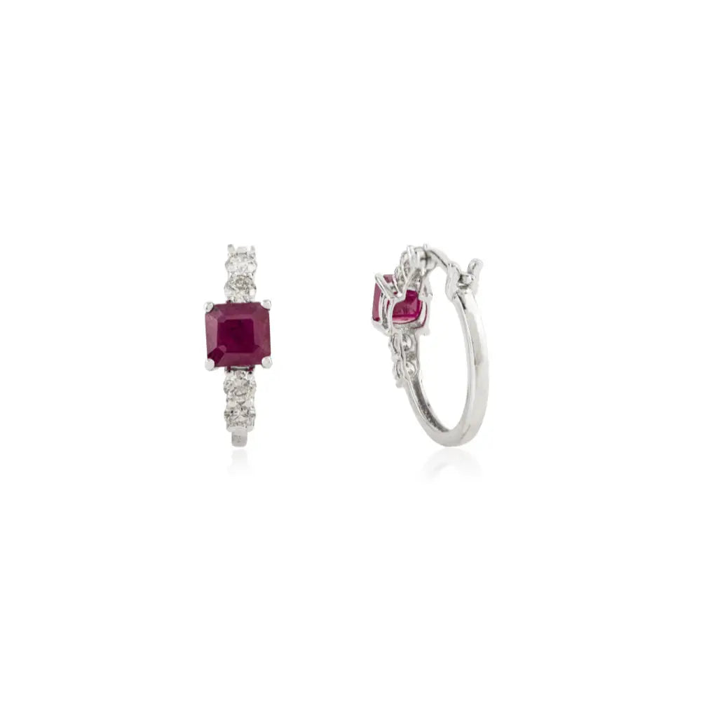 5x5 mm Square Shape Real Ruby & Diamond K18 White Gold Women Hoop Earrings Fine Jewelry