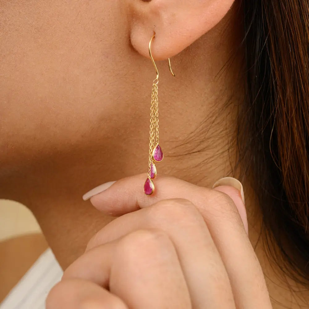 Minimal Jewelry Solid Yellow Gold Natural Pear Ruby Multi Chain Drop Earrings