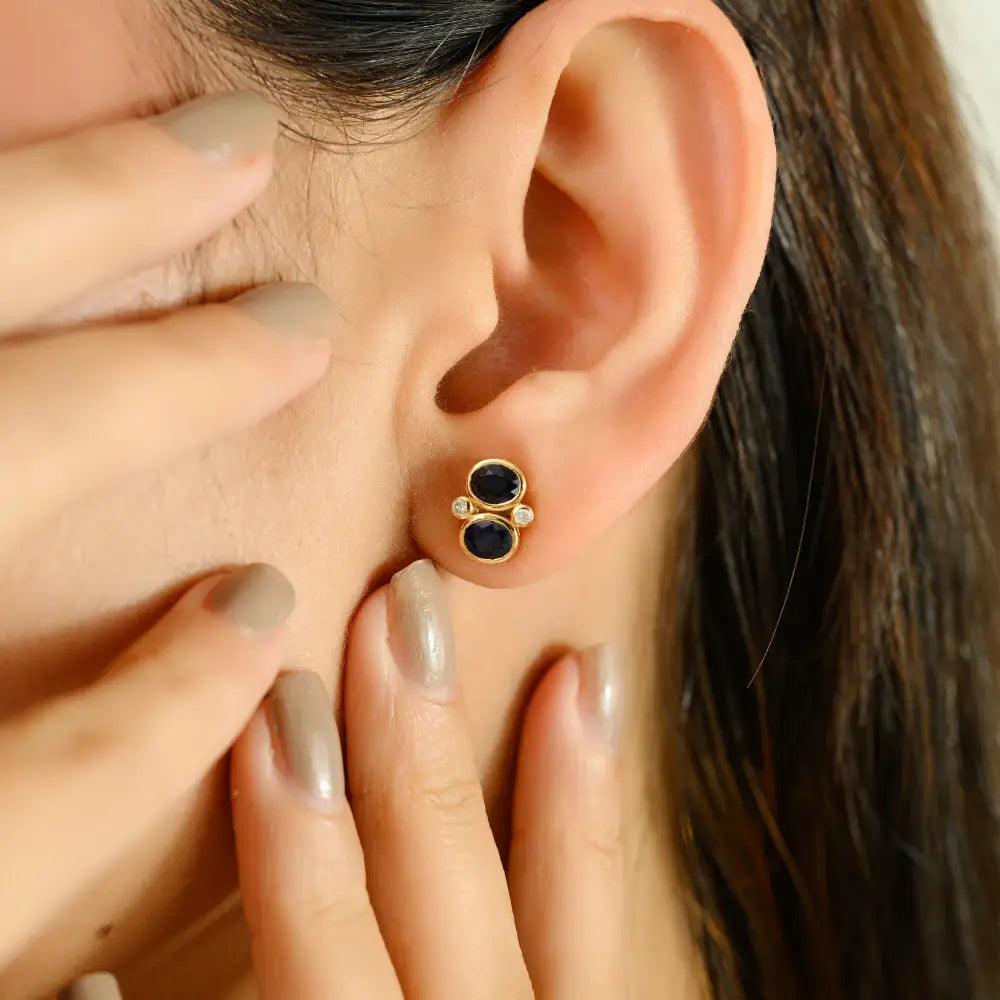 Bezel Set Blue Sapphire & Diamond K18 Yellow Gold Minimal Stud Earrings Custom Jewelry