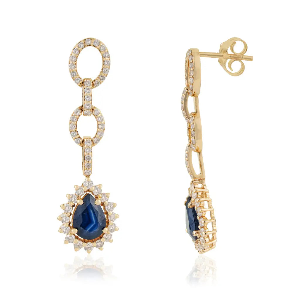 Unique Design Blue Sapphire & Diamond Cluster Link Dangle Earrings 14K Yellow Gold Jewelry