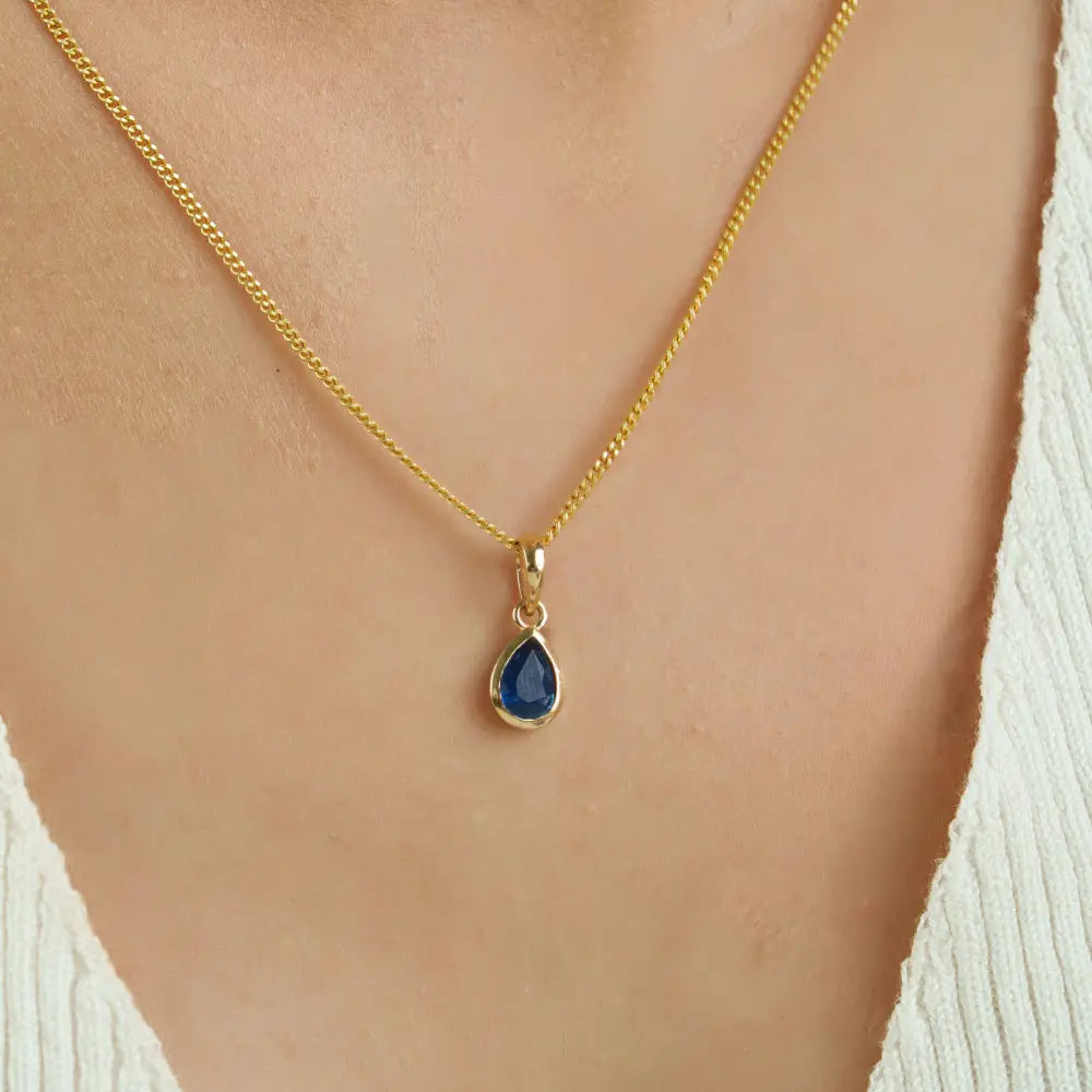 14K Yellow Gold Bezel Set Blue Sapphire Teardrop Shape Minimal Pendant Everyday Wear