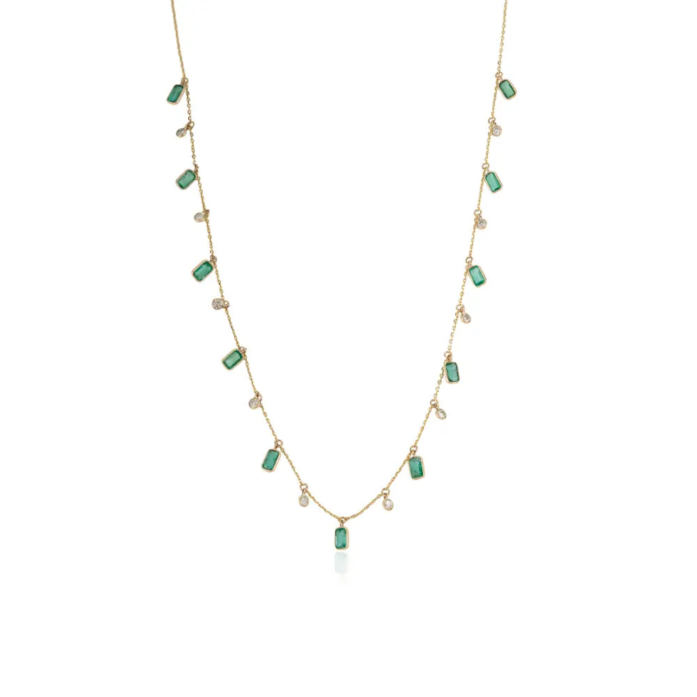Beautiful Design 14K Pure Yellow Gold Emerald & Diamond Charm Chain Necklace For Women