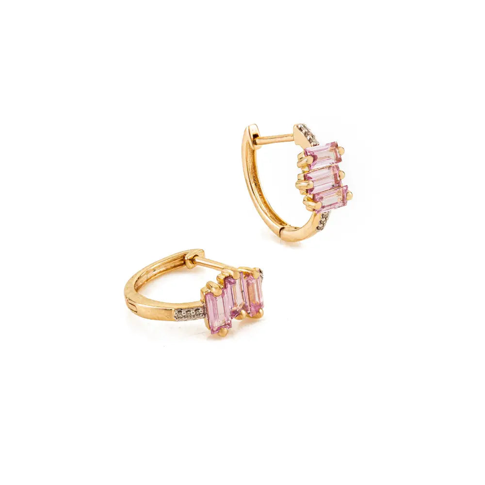 Minimalist Dainty Pink Sapphire & Diamond Fine 14K Solid Gold Huggie Hoop Earrings For Girls