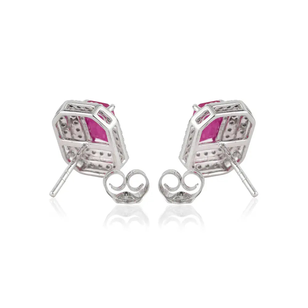 100% Authentic Ruby & Diamond Solid K14 White Gold Double Cluster Stud Earrings Gift For Mom