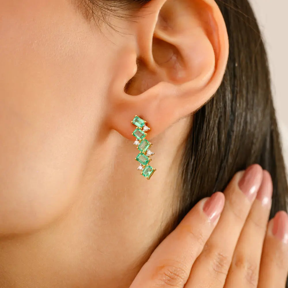 Octagon Cut Emerald & Round Diamond Zig Zag Shape Stud Earrings 14K Yellow Gold