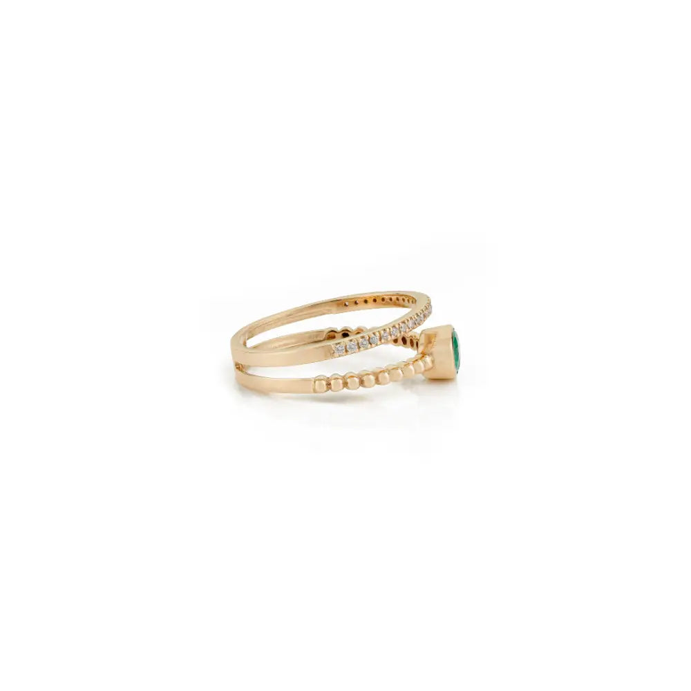 Real Emerald & Diamond Double Band Ring K14 Solid Yellow Gold Stackable Jewelry Supplier