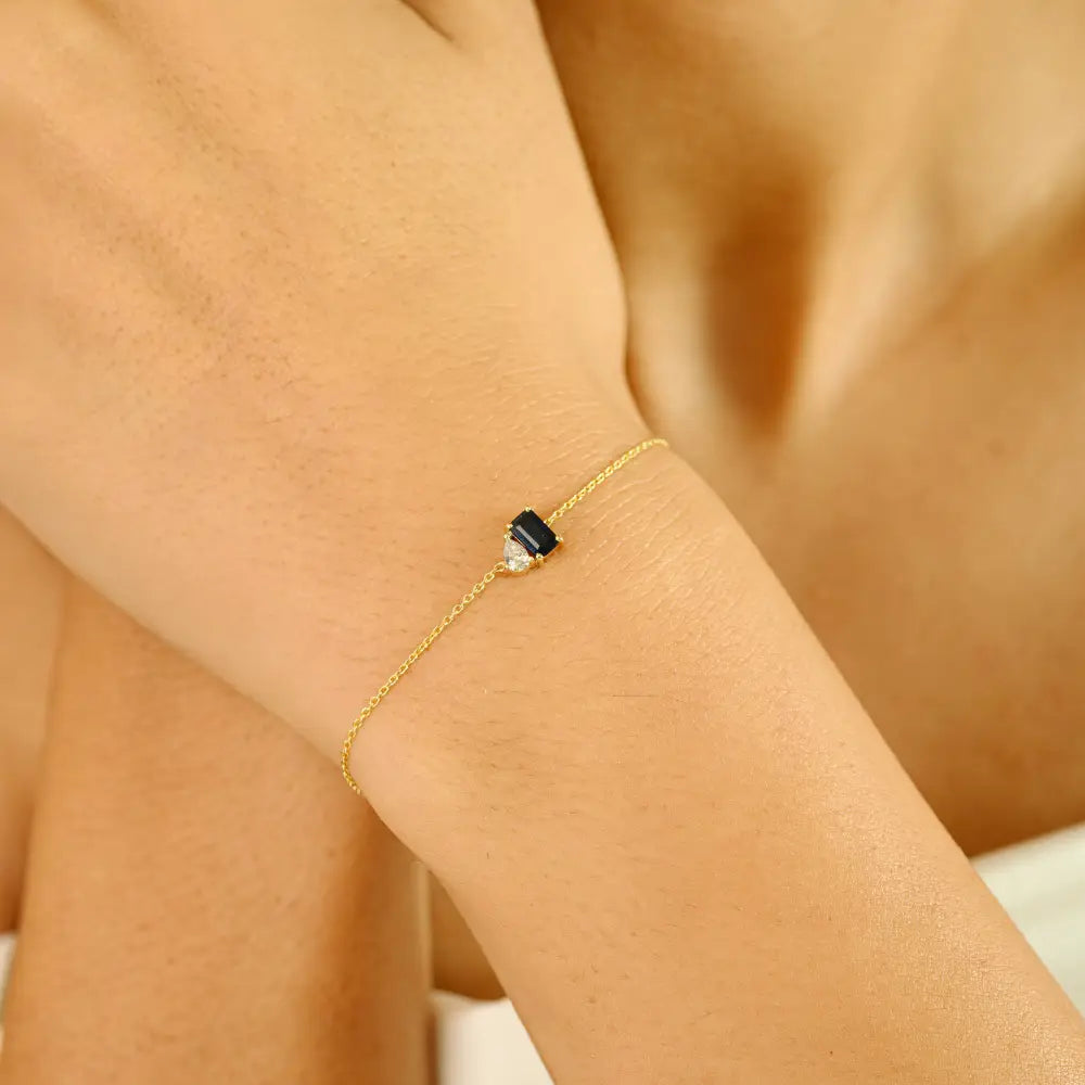 Minimalist Dainty 14K Real Yellow Gold Blue Sapphire & Diamond Toi et Moi Bracelet For Girls
