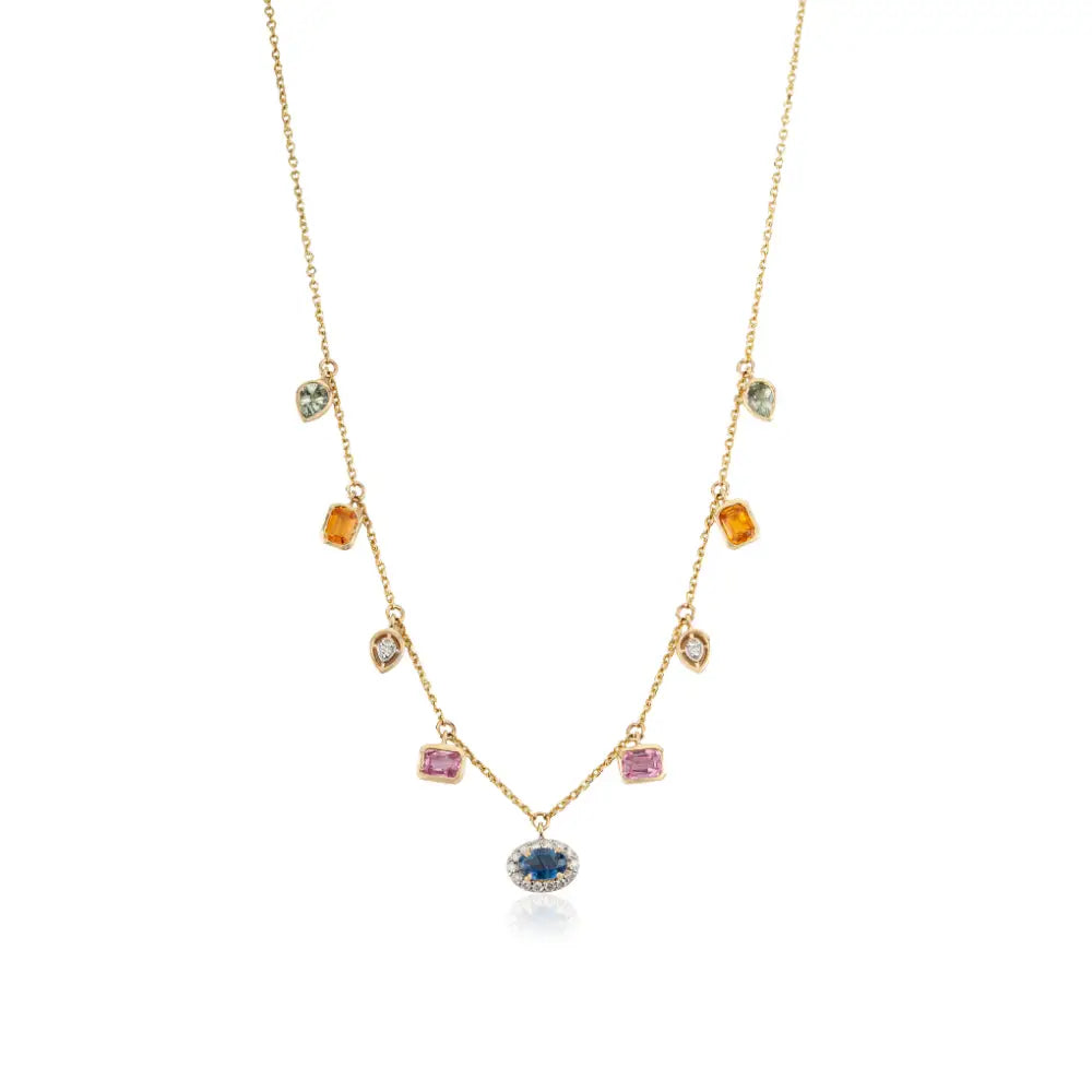 Colorful Gemstone Multi Sapphire & Diamond 14K Solid Yellow Gold Charm Chain Necklace