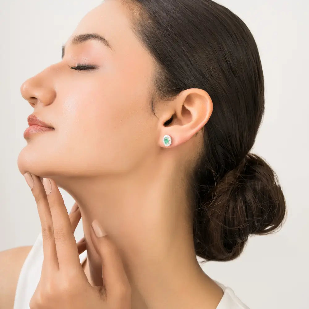 Oval Shape Emerald & Round Cut Diamond Halo Stud Earrings Minimal 14K White Gold Jewelry