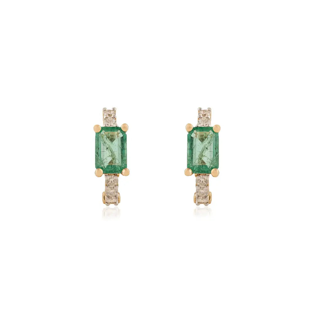 Natural Gemstone Zambian Emerald & Diamond Minimal Hoop Earrings Women 14K Real Gold