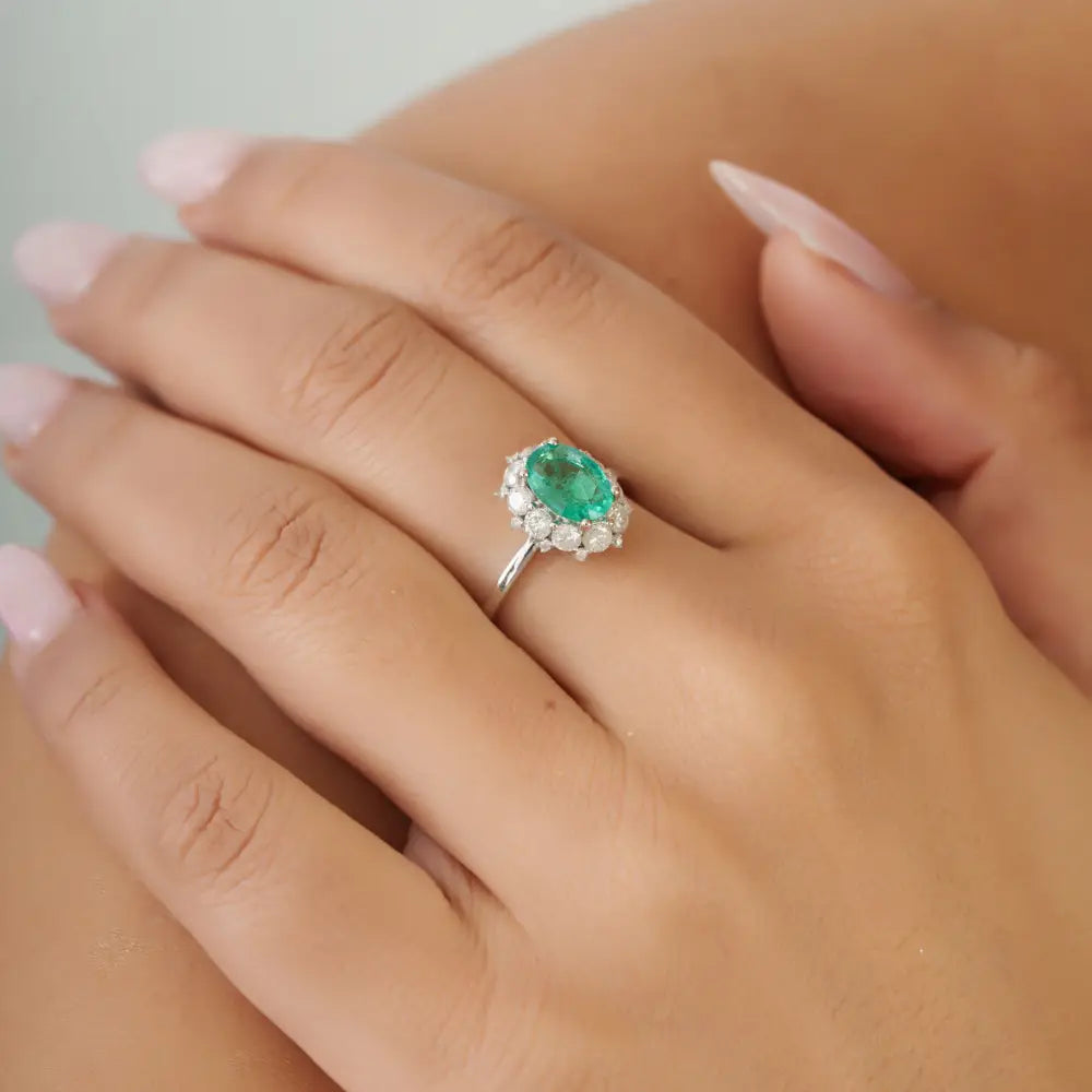 8x6mm Emerald & Diamond Stackable Cluster Ring Engagement Jewelry 14K White Gold