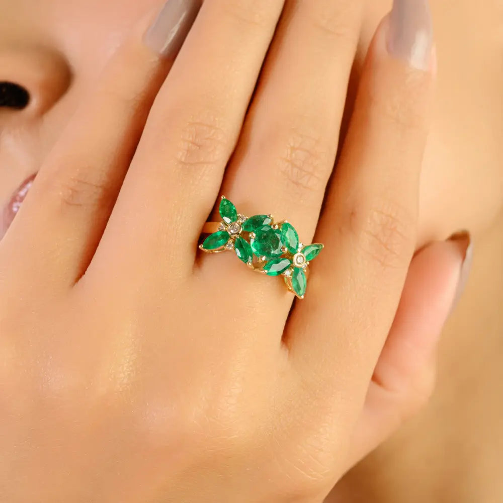 New Designer Flower Ring Featuring Emerald & Diamond Wedding Jewelry 14K Yellow Gold