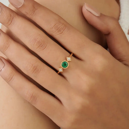 Dainty Emerald & Diamond K14 Pure Yellow Gold Three Stone Ring Stacking Jewelry For Women