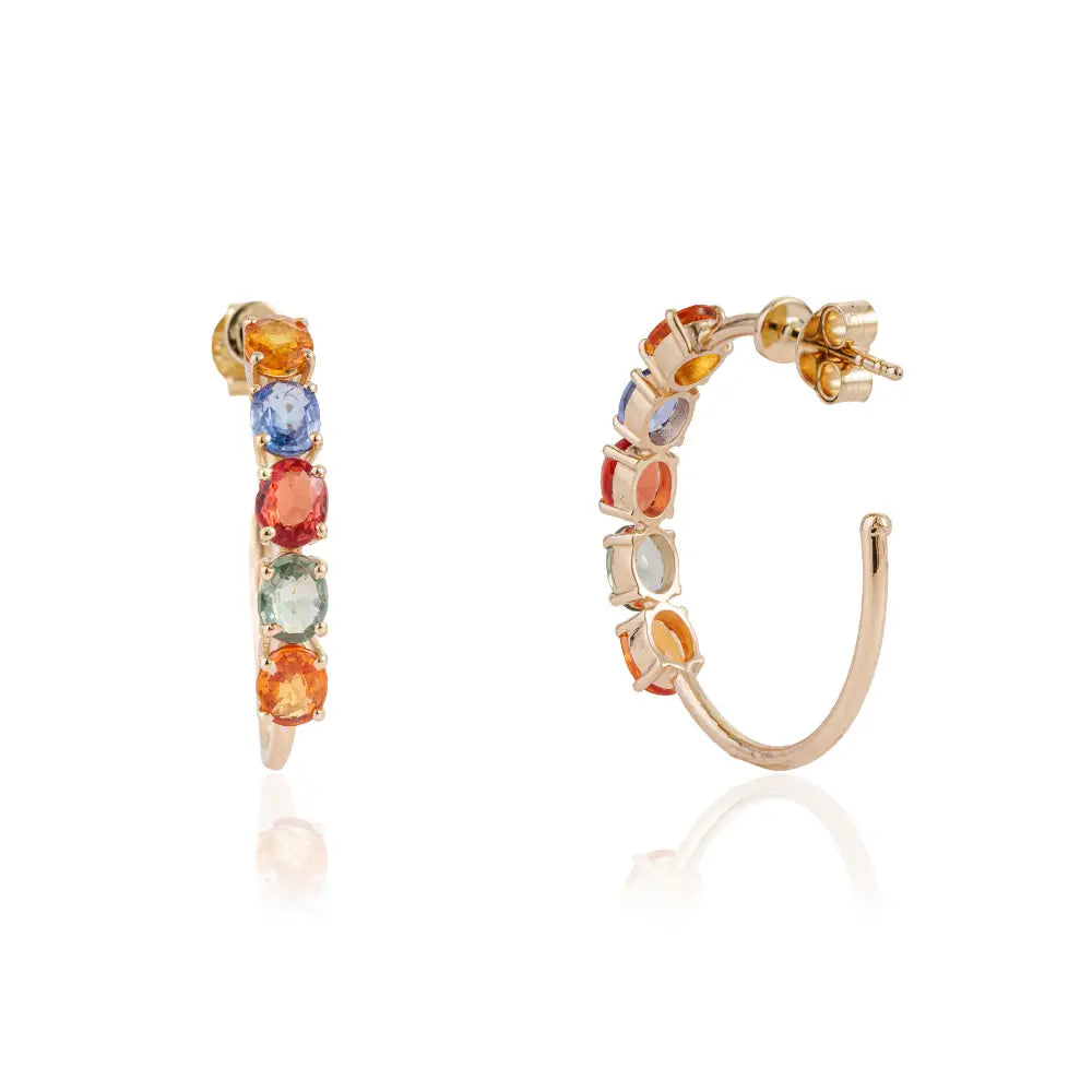 5x4mm Oval Cut Multi Sapphire C Shape Hoop Earrings Real 14K Yellow Gold Fine Jewelry