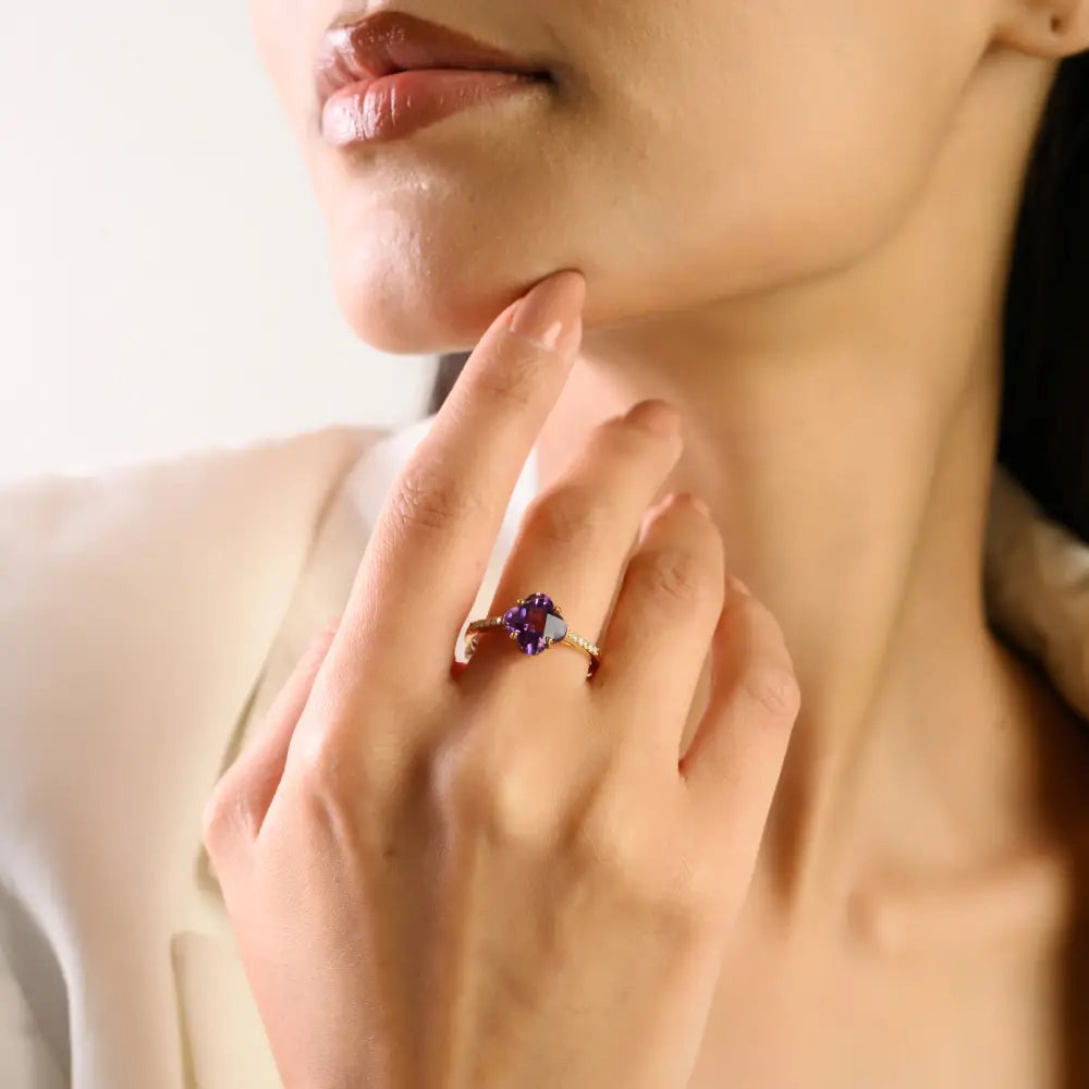 Clover Shape Amethyst & Round Cut Diamond Stackable Ring Latest 14K Yellow Gold Jewelry