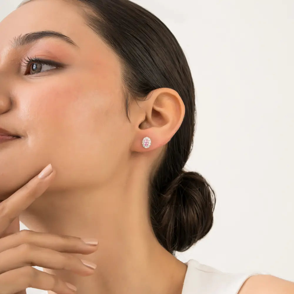 Natural Pink Sapphire & Diamond  Minimal Dainty Halo Stud Earrings K14 Solid Yellow Gold