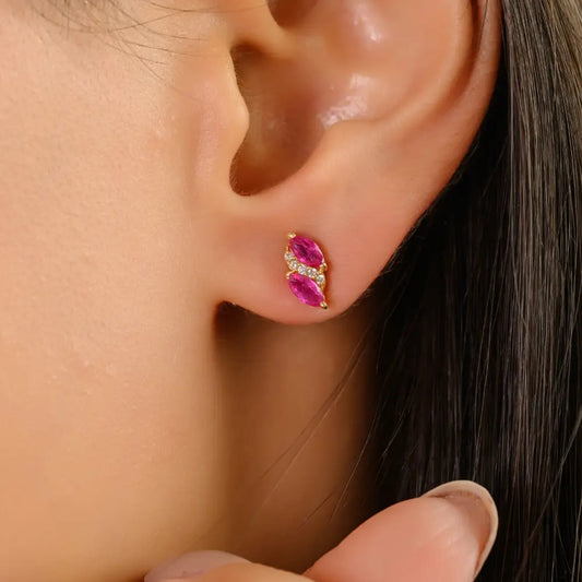Marquise Shape Ruby & Diamond Minimalist Stud Earrings 14K Real Yellow Gold Gift For Her