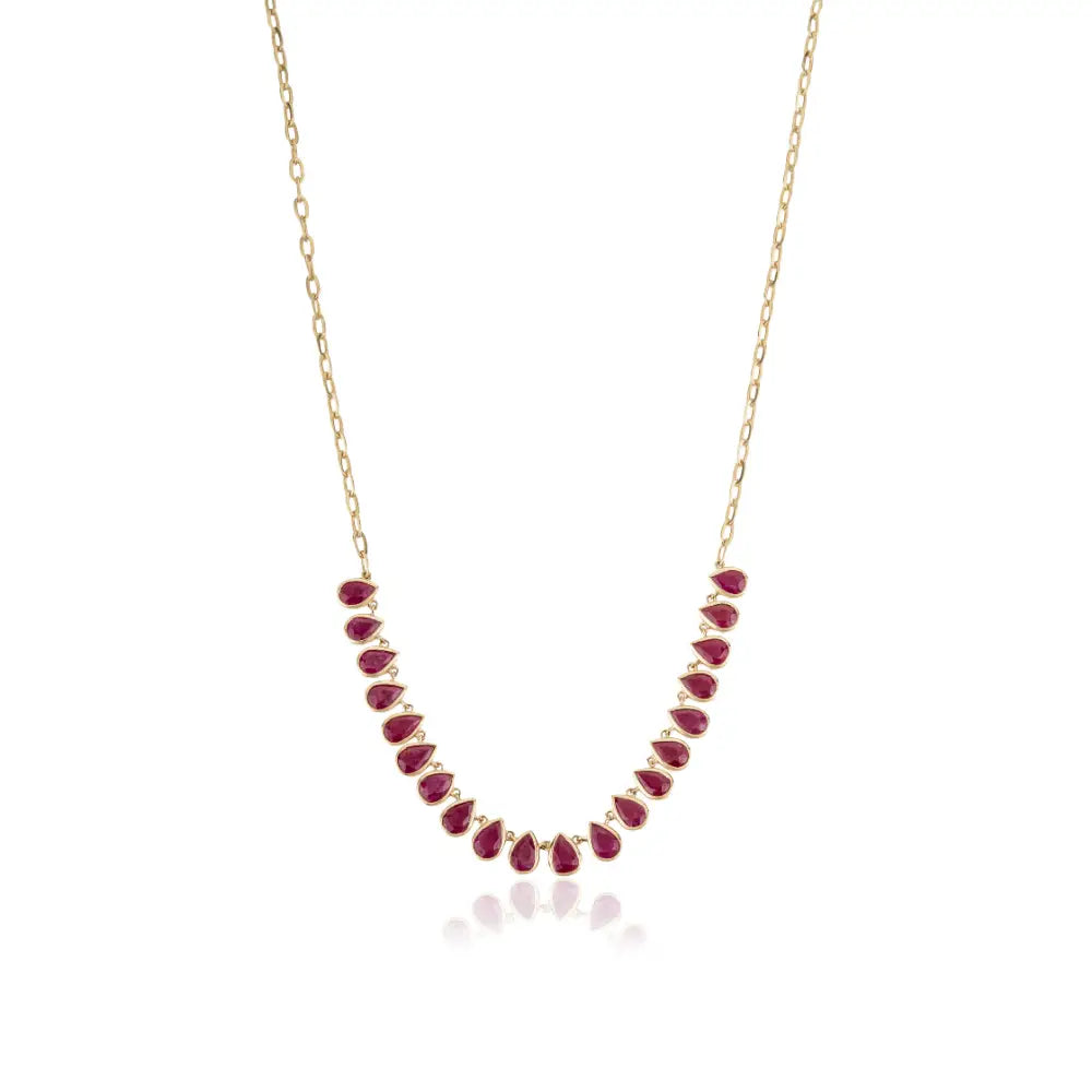 July Birthstone Genuine Ruby Paperclip Chain Half Tennis Necklace 14K Solid Yellow Gold Jewelry
