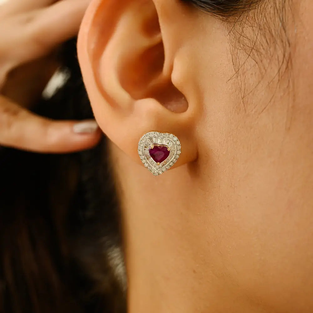 Heart Shape Ruby & Diamond Solid K14 Yellow Gold Double Cluster Stud Earrings For Women