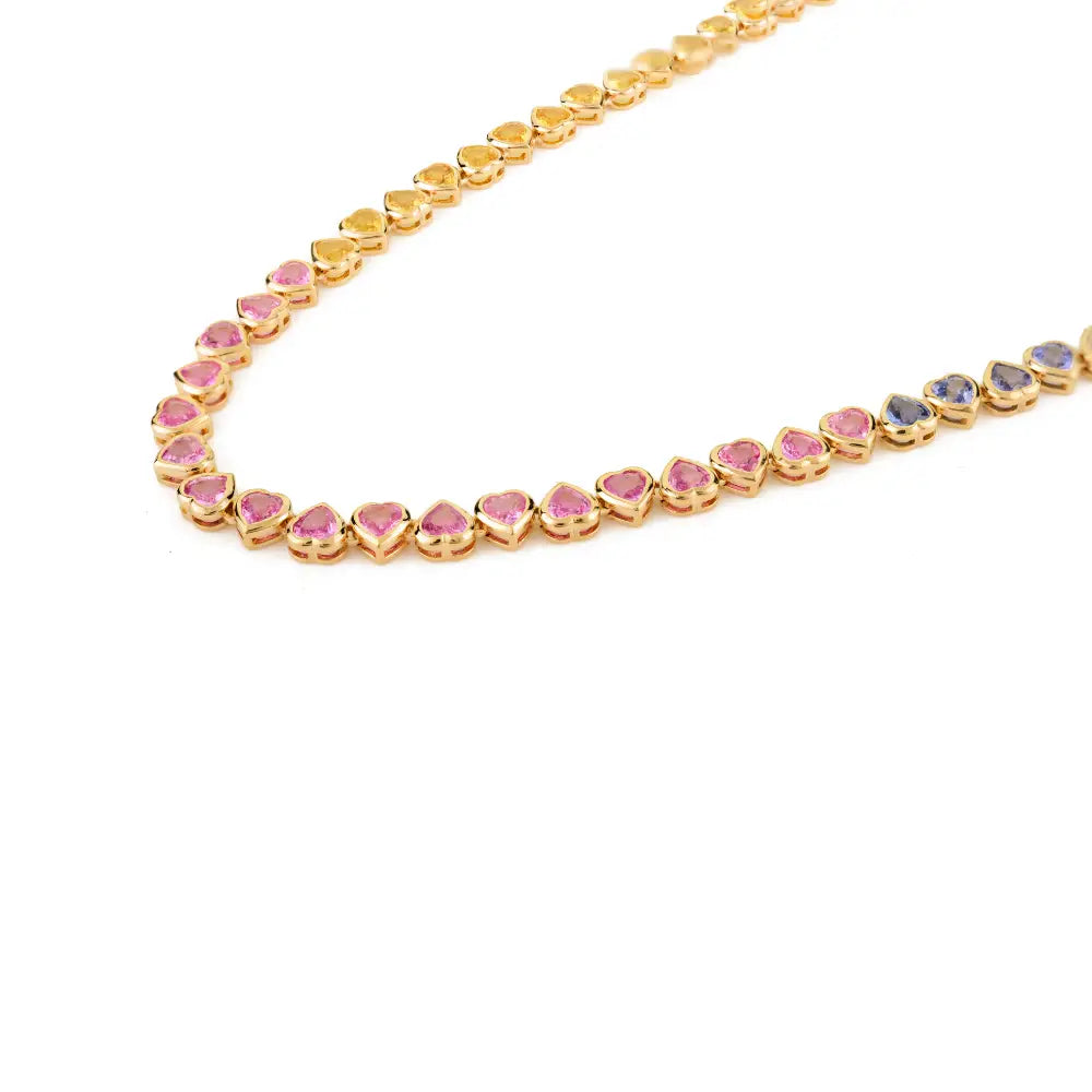 Rainbow Heart Shape Multi Sapphire Bezel Set 14K Solid Gold Tennis Necklace For Women
