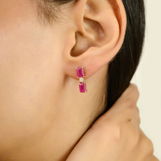 Trending Small Ruby & Diamond Drop Earrings For Women Everyday Jewelry 14K Solid Gold