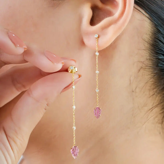 14K Yellow Gold Carving Leaf Shape Pink Tourmaline & Diamond Long Dangle Earrings