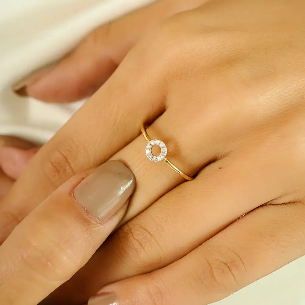 Delicate Minimalist Real Diamond 14K Pure Yellow Gold Open Halo Circle Ring Daily Wear Jewelry