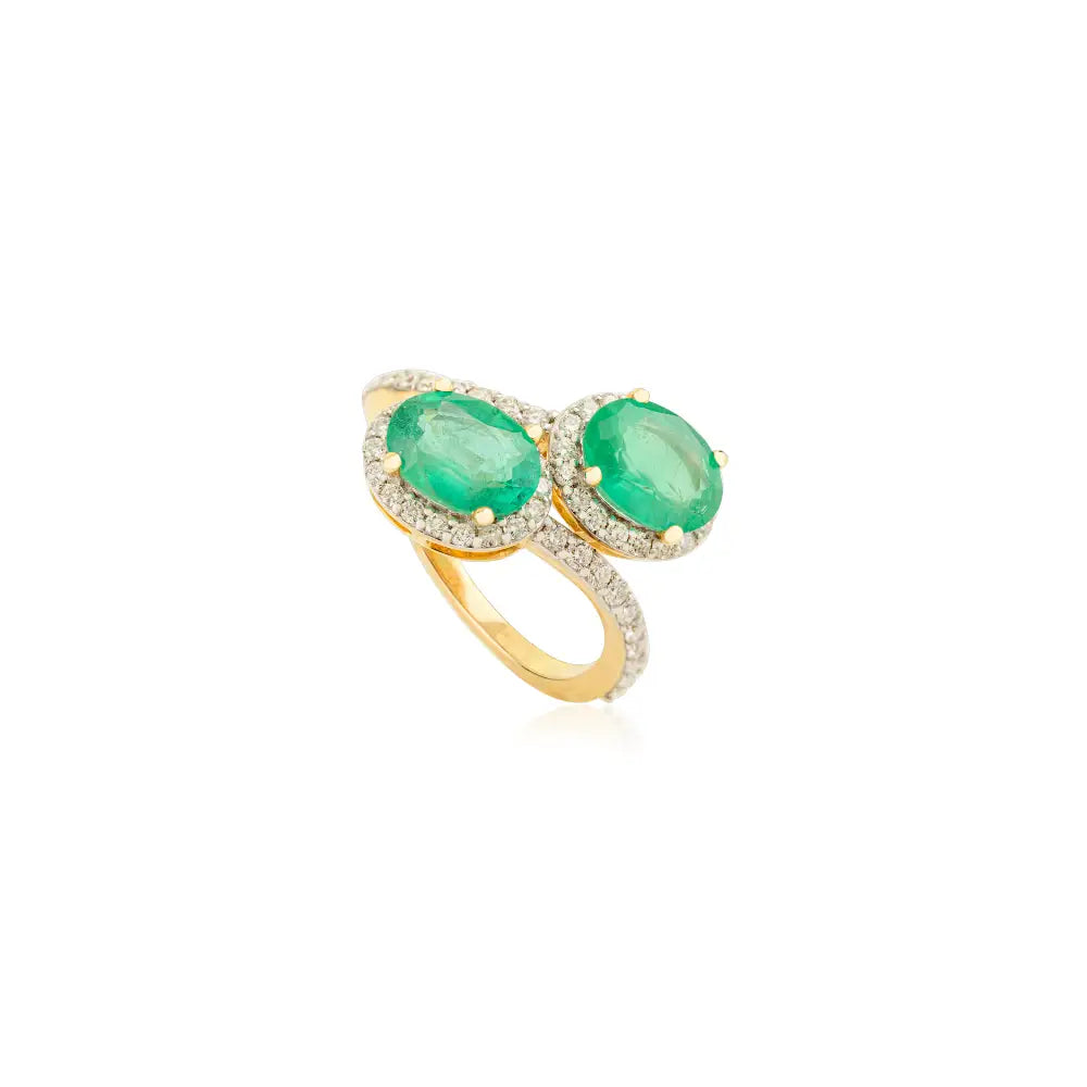 Statement Jewelry Solid 14K Yellow Gold Natural Emerald & Diamond Bypass Ring Unisex