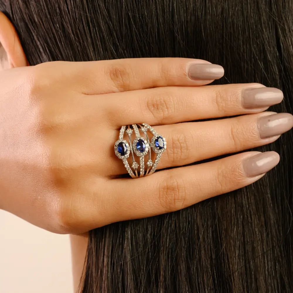 K14 Solid White Gold Blue Sapphire & Diamond Multi Row Statement Cocktail Ring For Wedding
