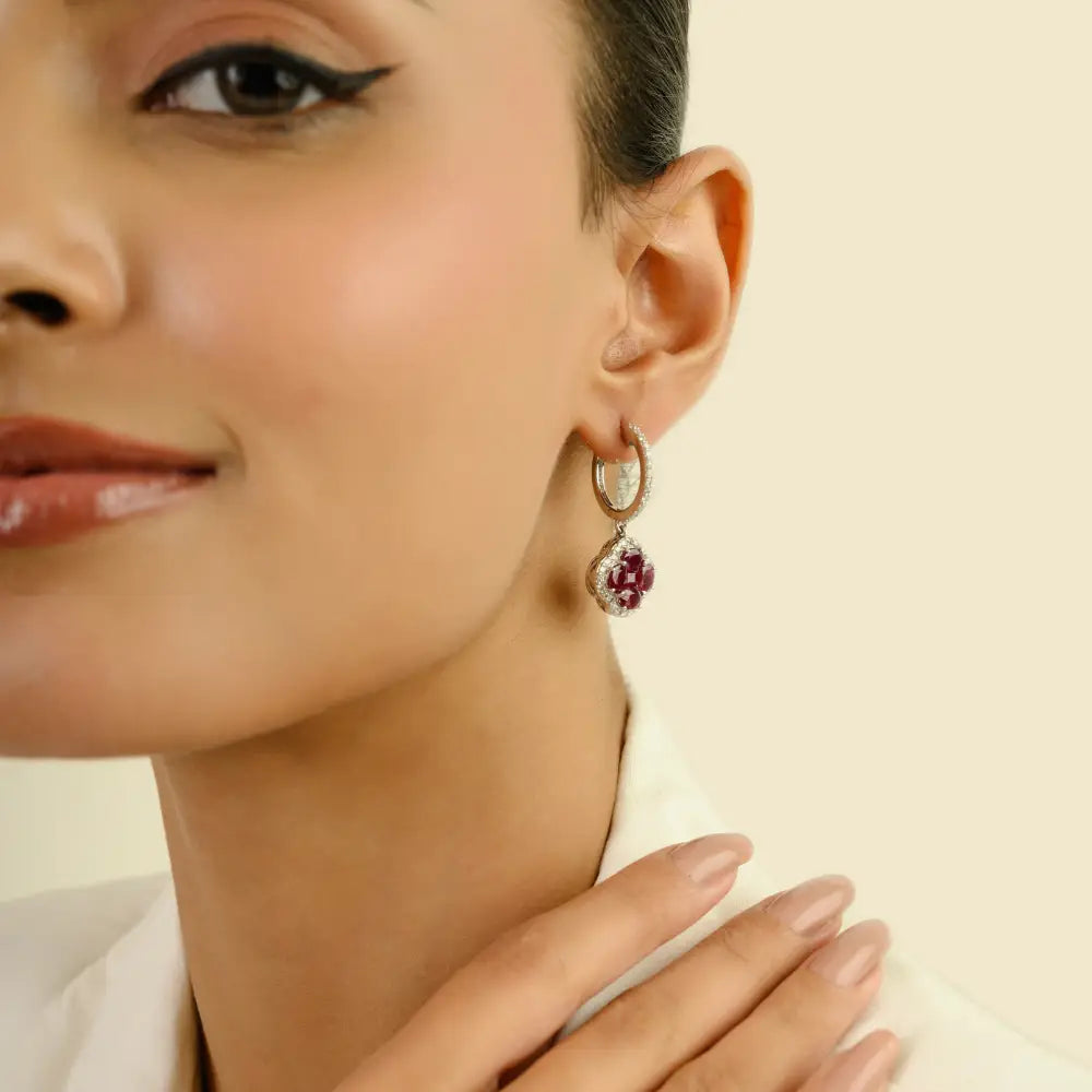 Ruby & Diamond K14 White Gold Hoop Drop Earrings Wedding Bridal Jewelry Wholesale