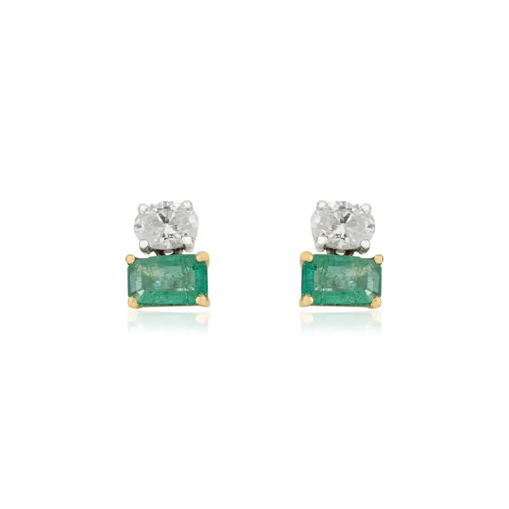 Prong Set Emerald & Diamond Minimal Stud Earrings Handmade 18K Two Tone Gold Jewelry