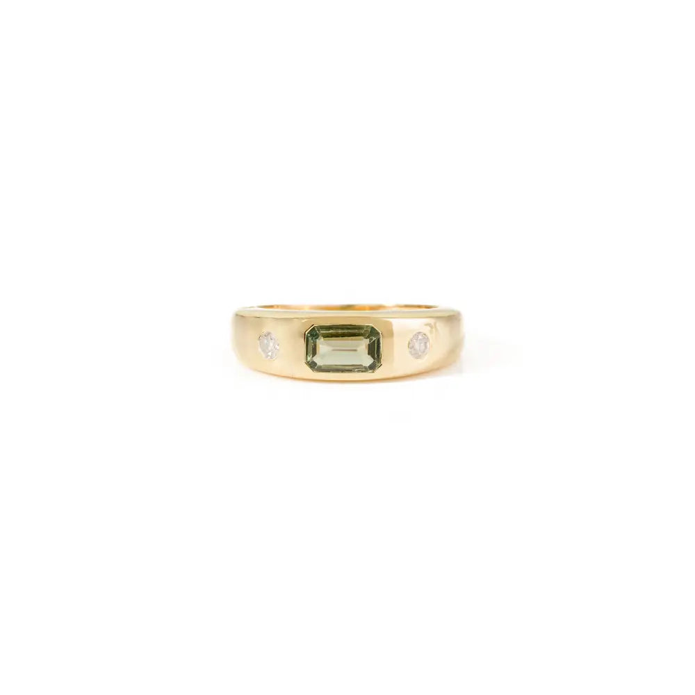 6X4 MM Green Sapphire & Round Diamond Real K14 Yellow Gold Customized Gypsy Chunky Ring